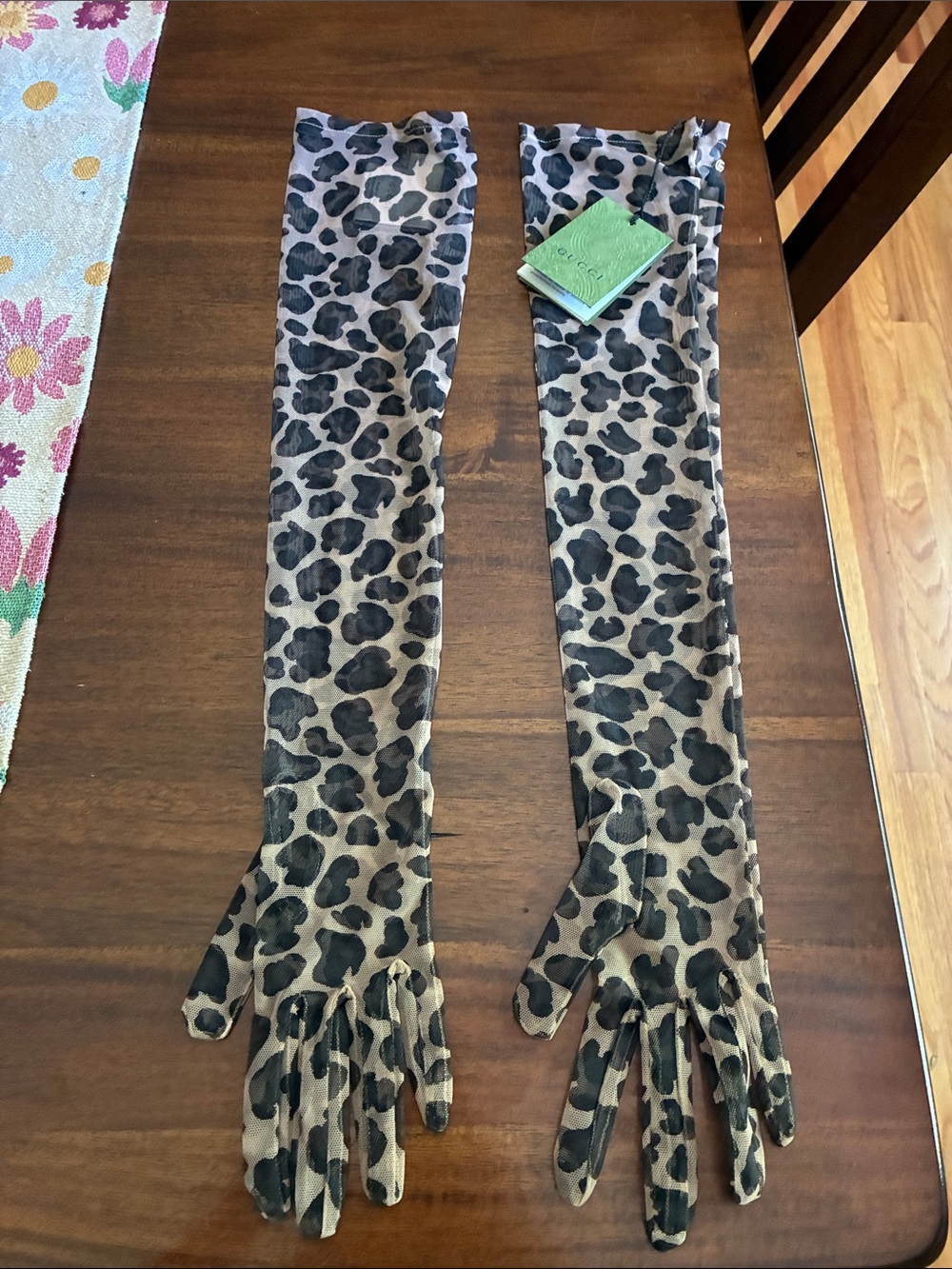 Gucci Beige and Black Leopard Mesh opera gloves